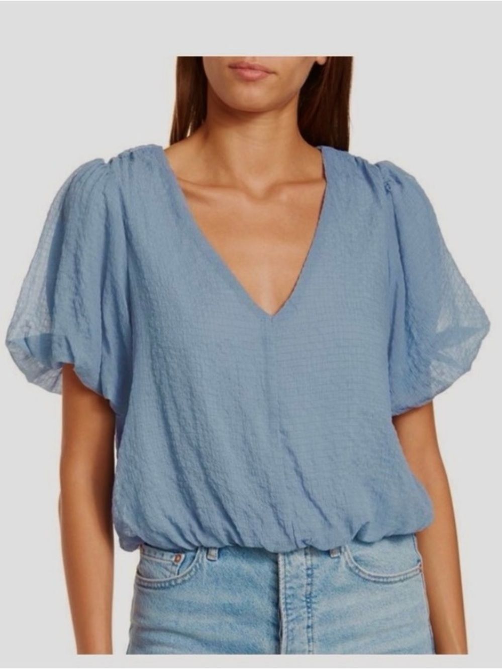 ASTR the Label Dusty Blue V-Neck Puff Gauze Sleeve Blouse Tie neck Bubble Small